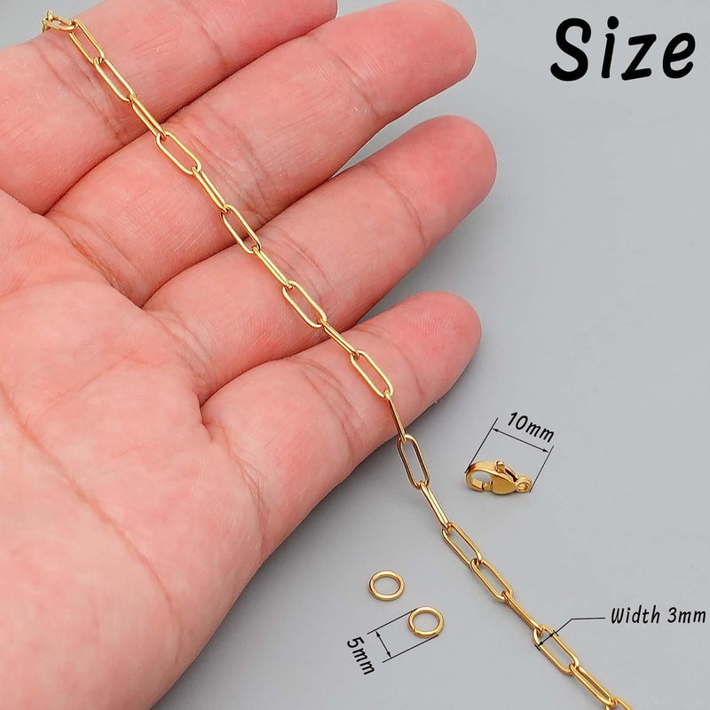 THREENEST 16.4-Feet 3mm Stainless Steel Paperclip Chains with 10 Lobster Claps+25 Jump Rings, 18K Real Gold Plated Soldered Cable Long Craft Chain for Necklace Bracelet Earring Jewelry Making(Gold) - Image 2
